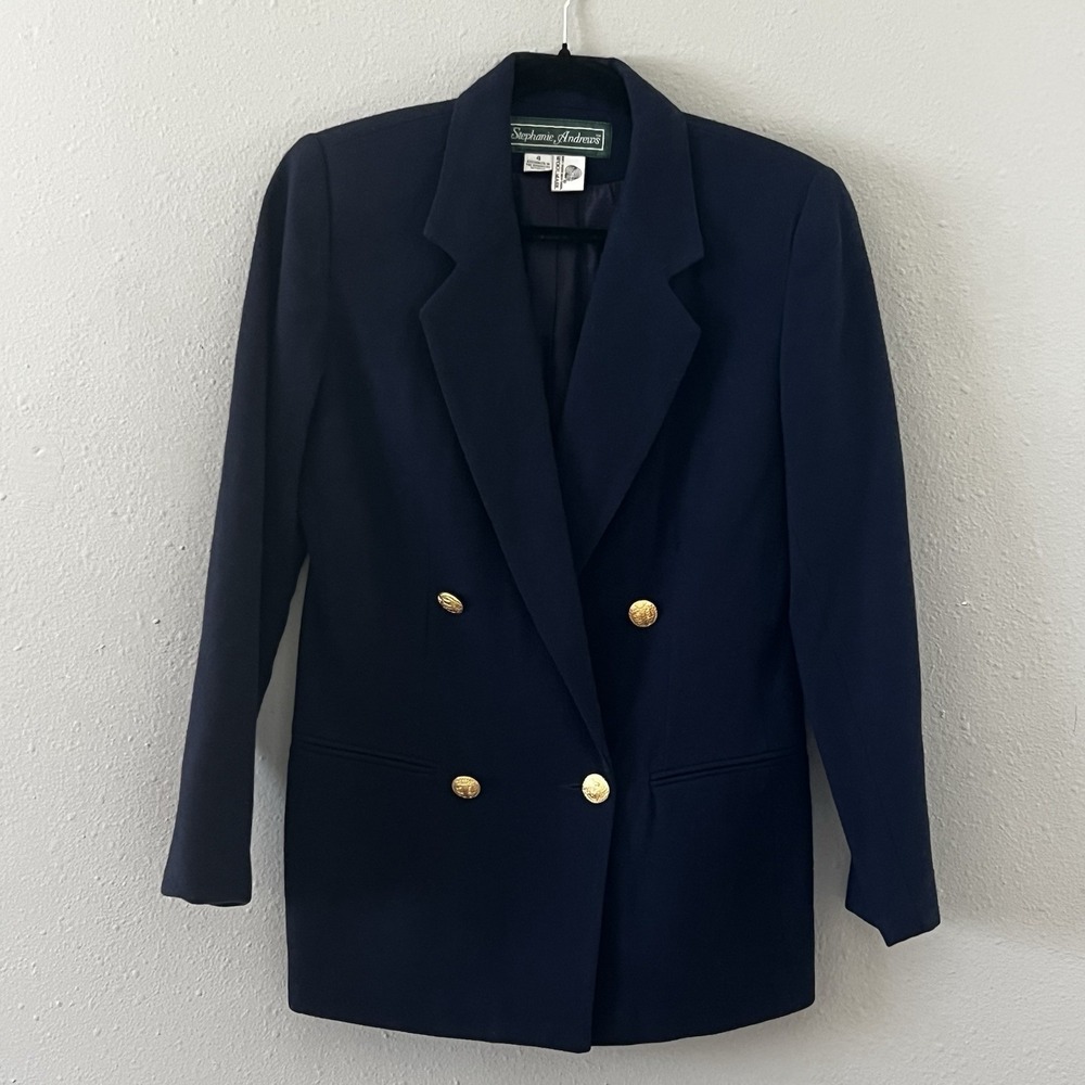 Stephanie‎ Andrews Navy Wool Blazer Gold Crest Buttons Women's Size 4 Preppy VTG